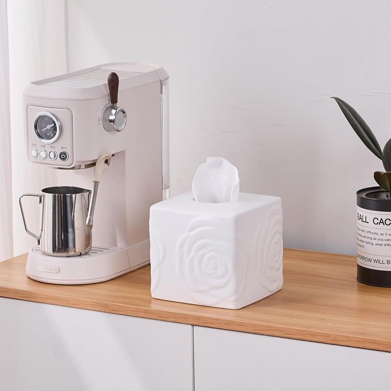 EtooCafe White Ceramic Rose Tissue Box Cover, Carved Flowers Large Square Tissue Box Holder Decorative for Bathroom, Vanity, Kitchen Countertop, Bedroom Night Stands, Office Desk Top - Image 3